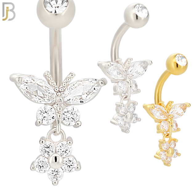 N053 - 316L Stainless Steel Dangling Butterfly with Flower Design Belly Ring with 5mm Screw Ball Top image 0