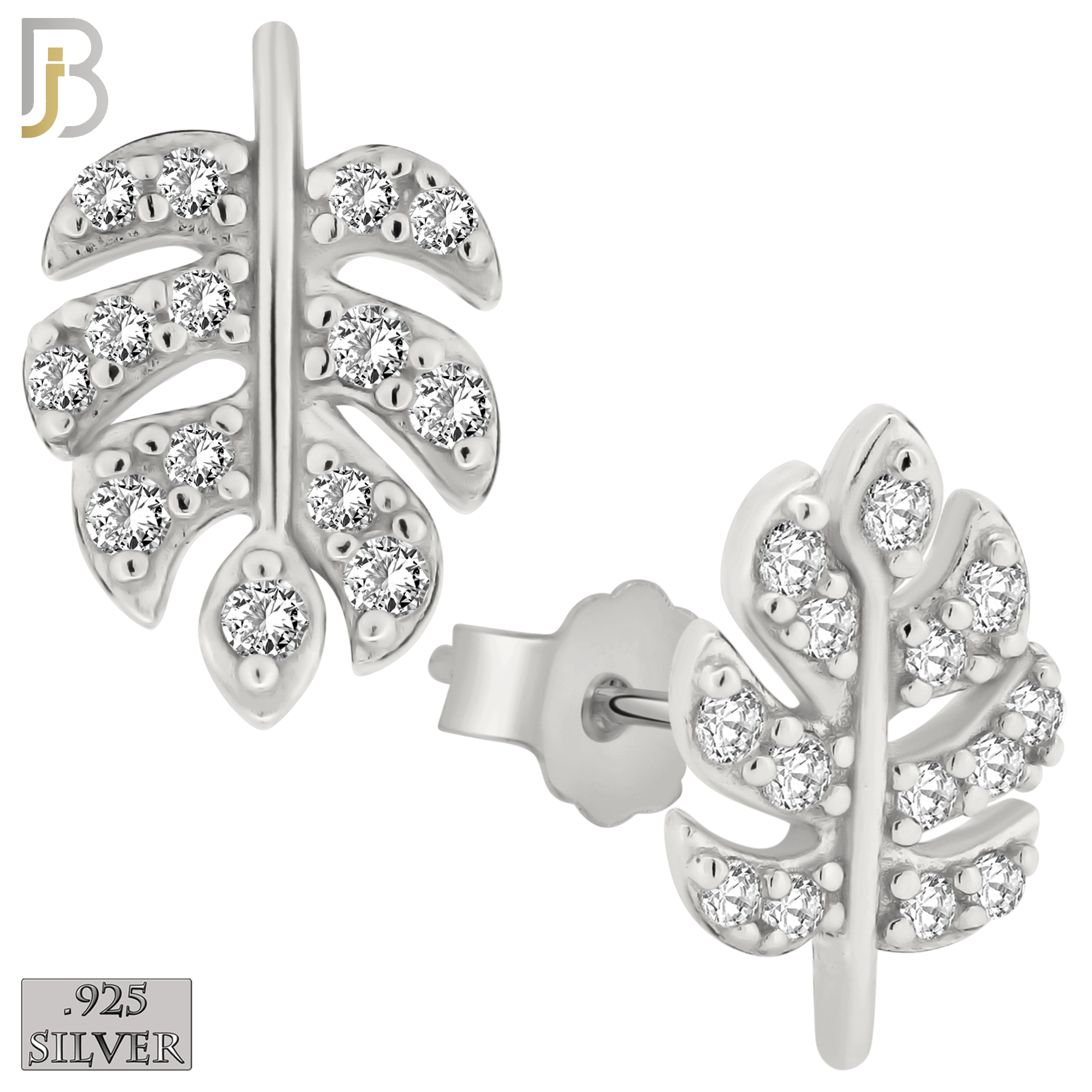 925-ES146 - .925 Sterling Silver Leaf Design with Zircon Design Earring Stud image 1