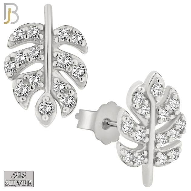 925-ES146 - .925 Sterling Silver Leaf Design with Zircon Design Earring Stud image 1