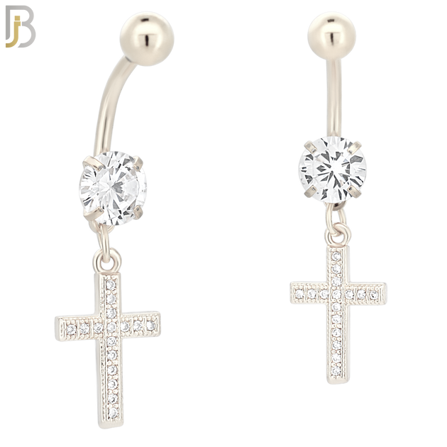 N013 - 316L Stainless Steel Dangling Cross with Multi CZ Belly Ring image 1