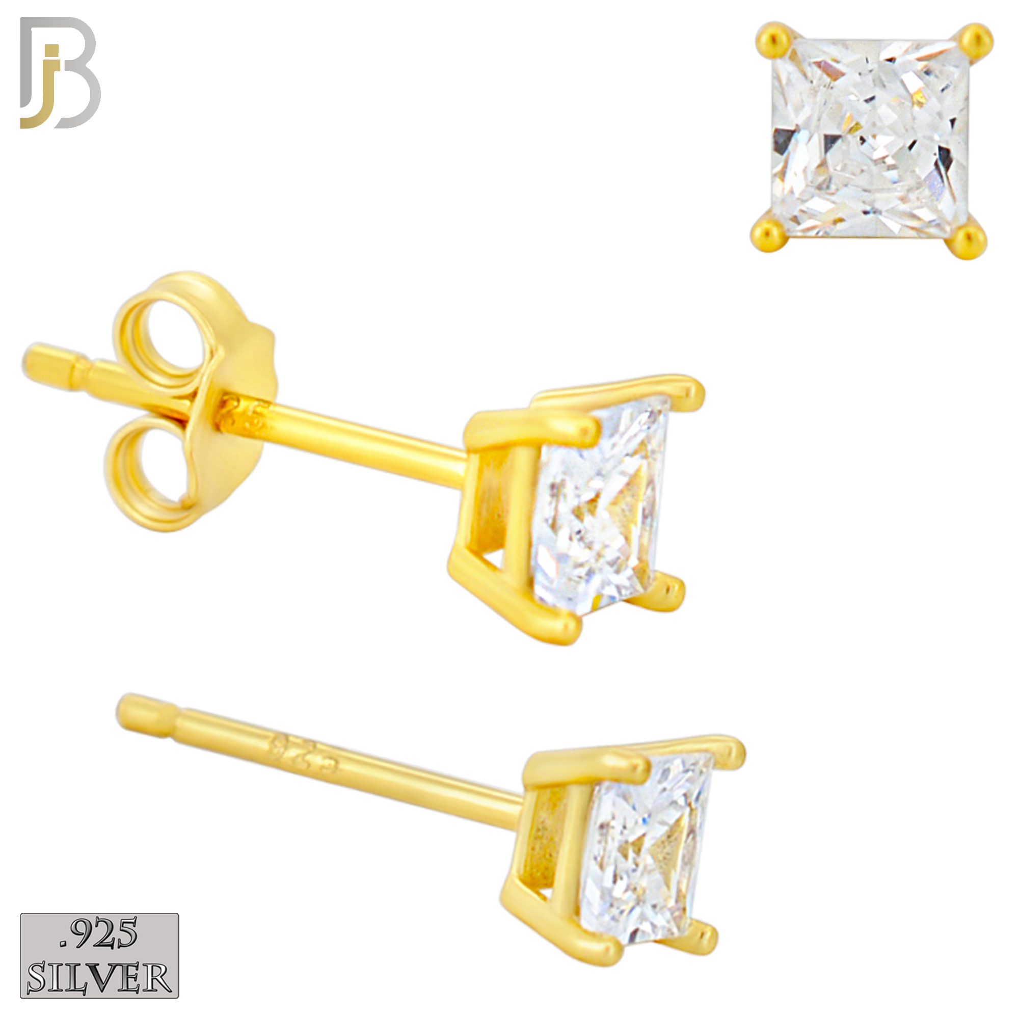 925-ES72-GC - .925 Sterling Silver Gold Plated Earring Stud Casting Square Princess Cut Prong Setting Clear Zircon image 3