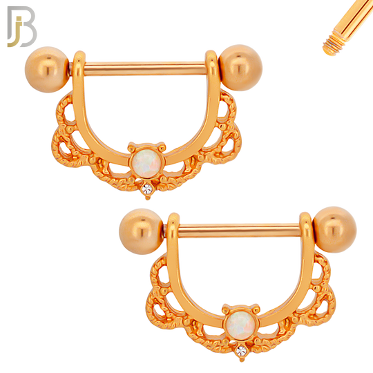 NP36 - 316L Surgical Steel Screw Bar with Alloy Horseshoe Tribal Design Opalite Pair image 2