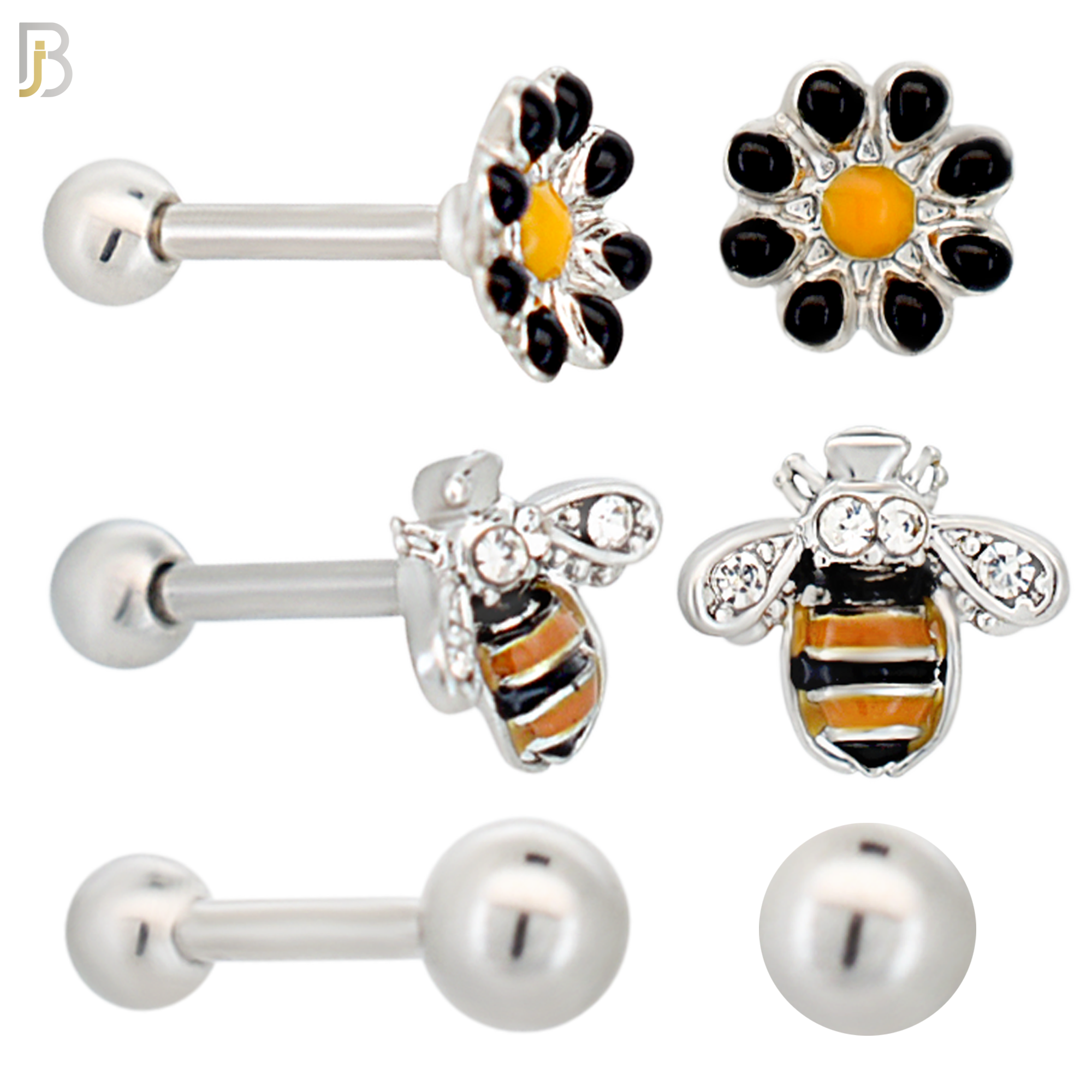 TB108 - (PACK OF 3) Steel - 316L Stainless Steel Mixed Design Tragus Set (Flower; Bee; Ball) image 0