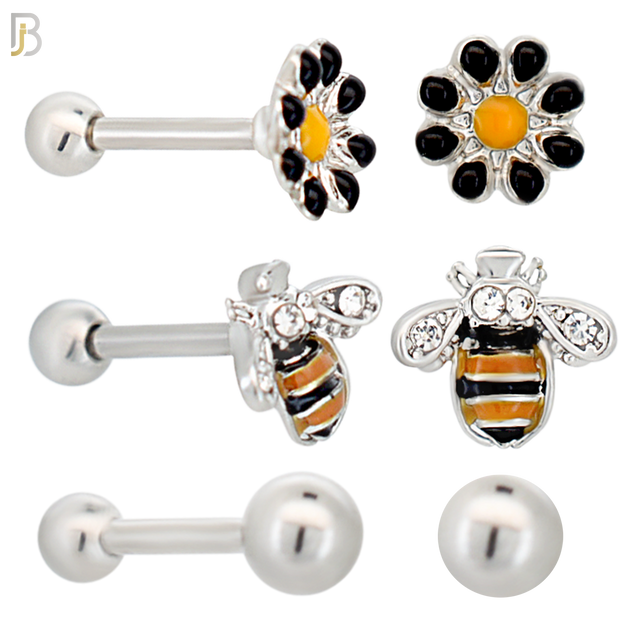 TB108 - (PACK OF 3) Steel - 316L Stainless Steel Mixed Design Tragus Set (Flower; Bee; Ball) image 0