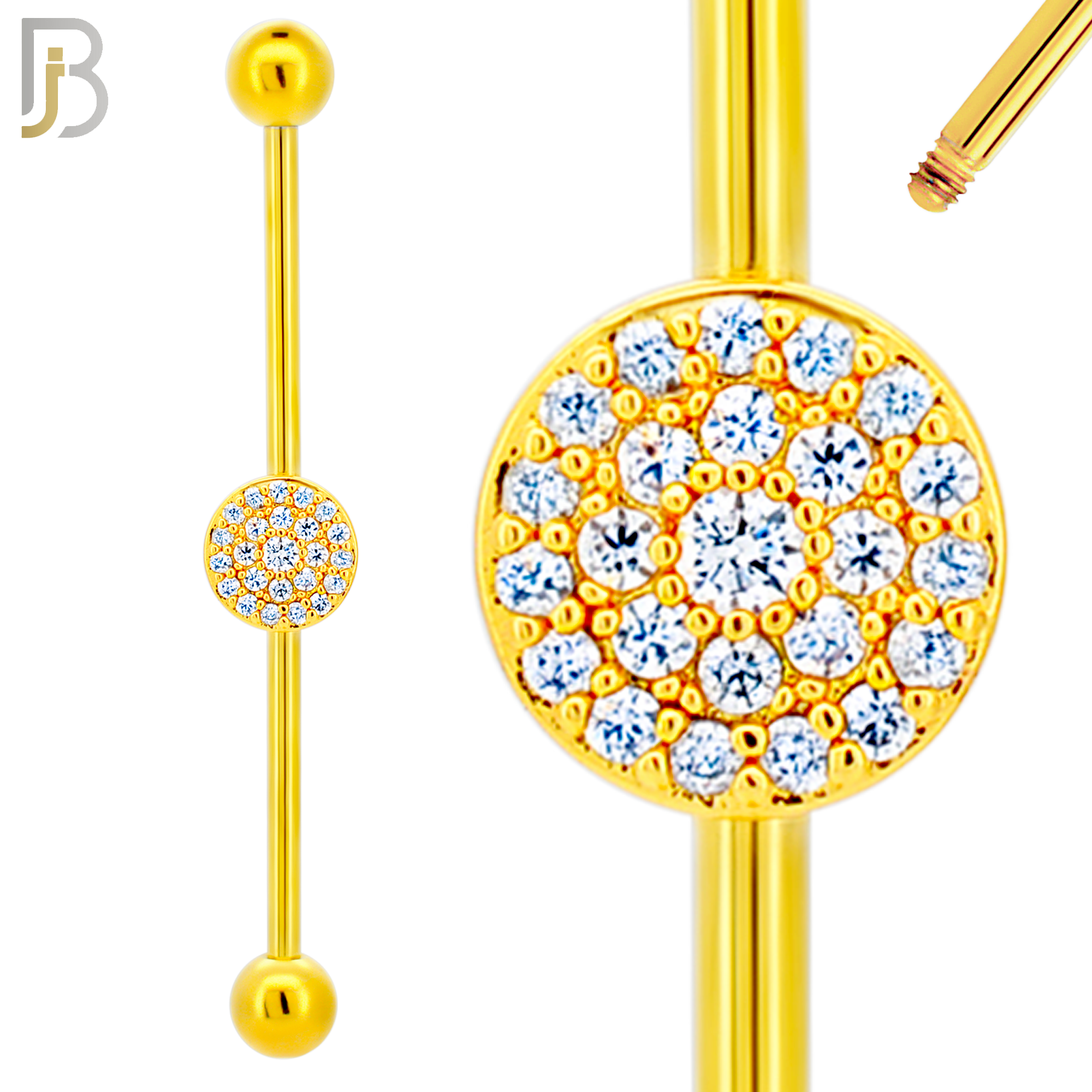 BB29 - 316L Surgical Steel Screw Bar with Brass Round with Multi CZ Design Barbell Industrial (PACK OF 4) image 2