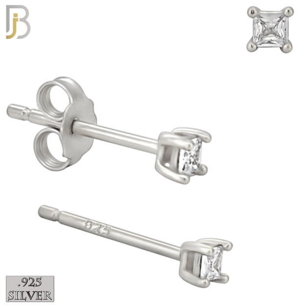 925-ES72-SC - .925 Sterling Silver Rhodium Plated Earring Stud Casting Square Princess Cut Prong Setting Clear Zircon image 1
