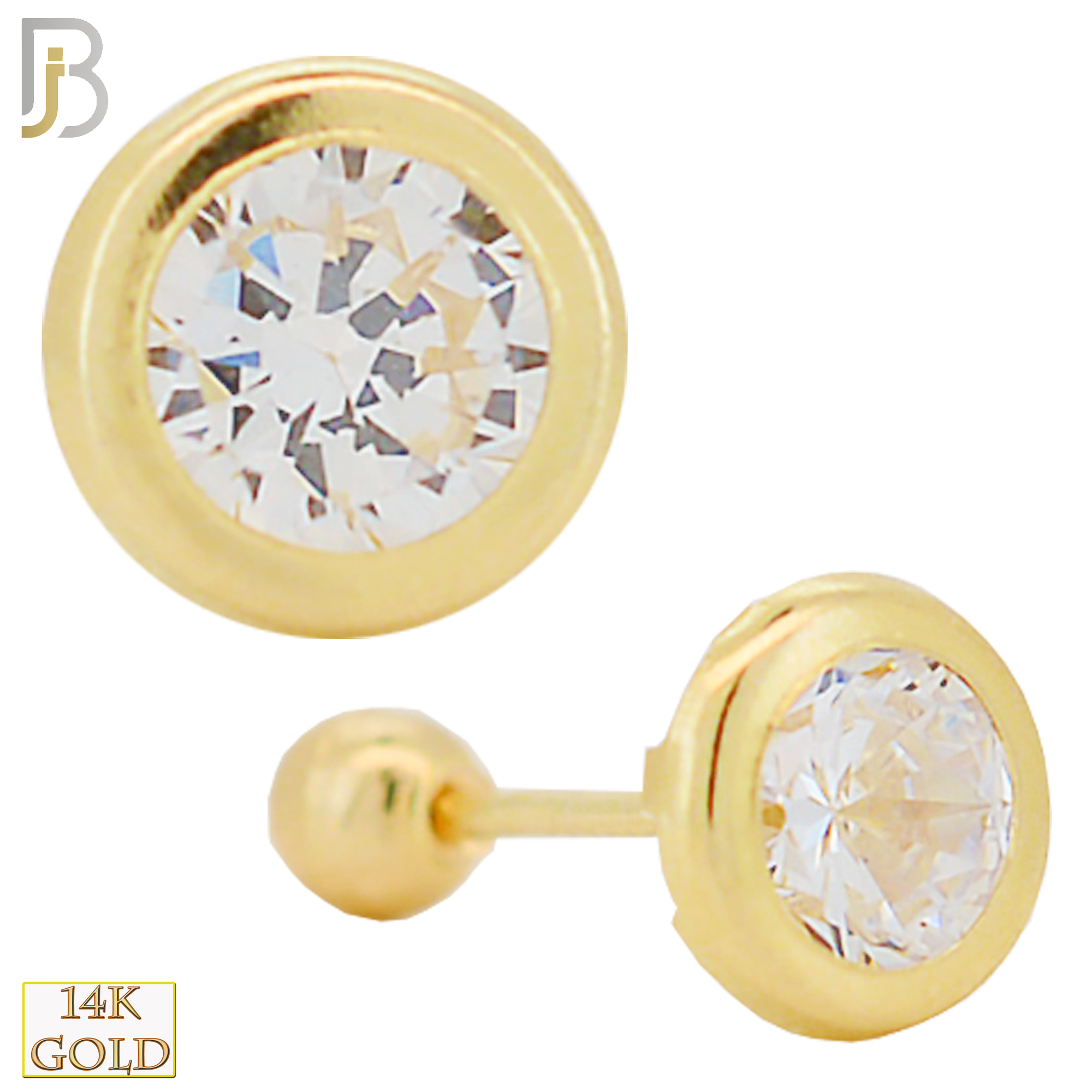 14-ES36YC - 14k Solid Gold Screw Ball Back Round Shape Design Zircon in Bezel Setting Earring Stud - 4mm image