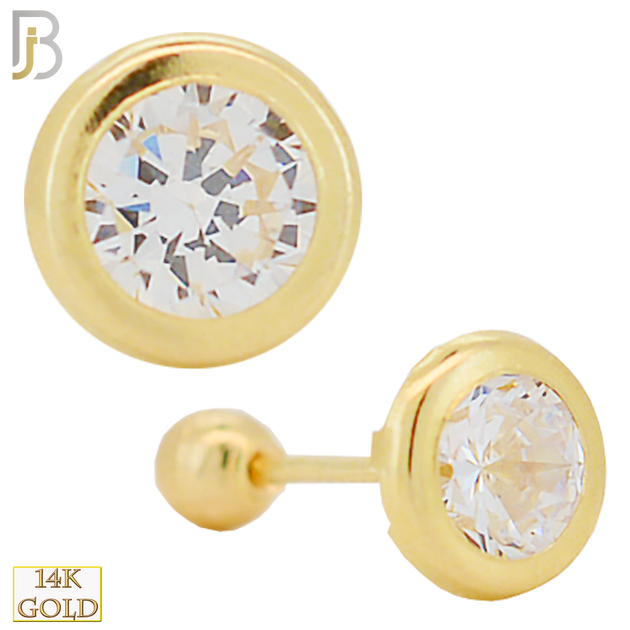 14-ES36YC - 14k Solid Gold Screw Ball Back Round Shape Design Zircon in Bezel Setting Earring Stud - 4mm image