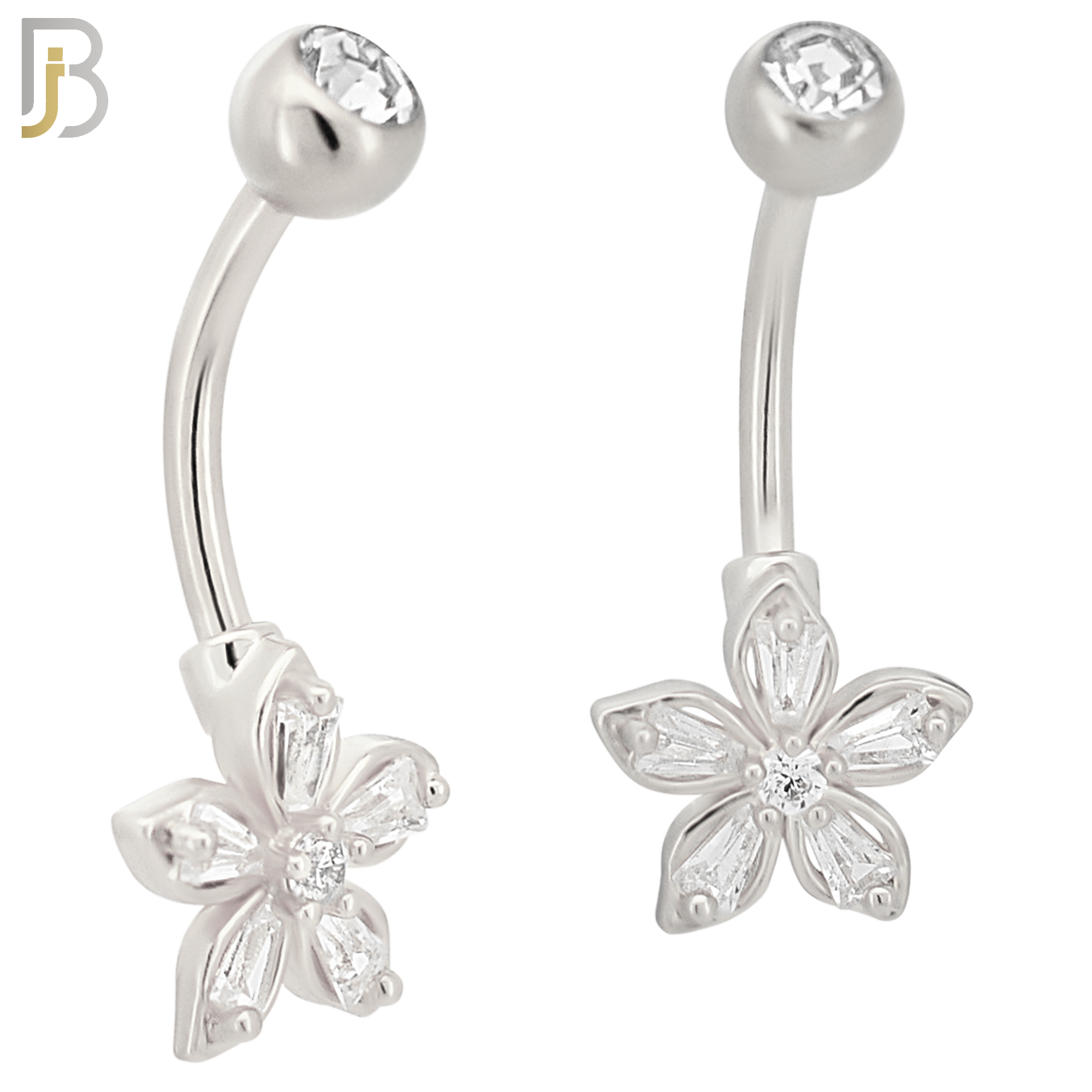 NB87 -  316L Stainless Steel Flower Design CZ Banana Belly Ring and 5mm Screw Ball image 1
