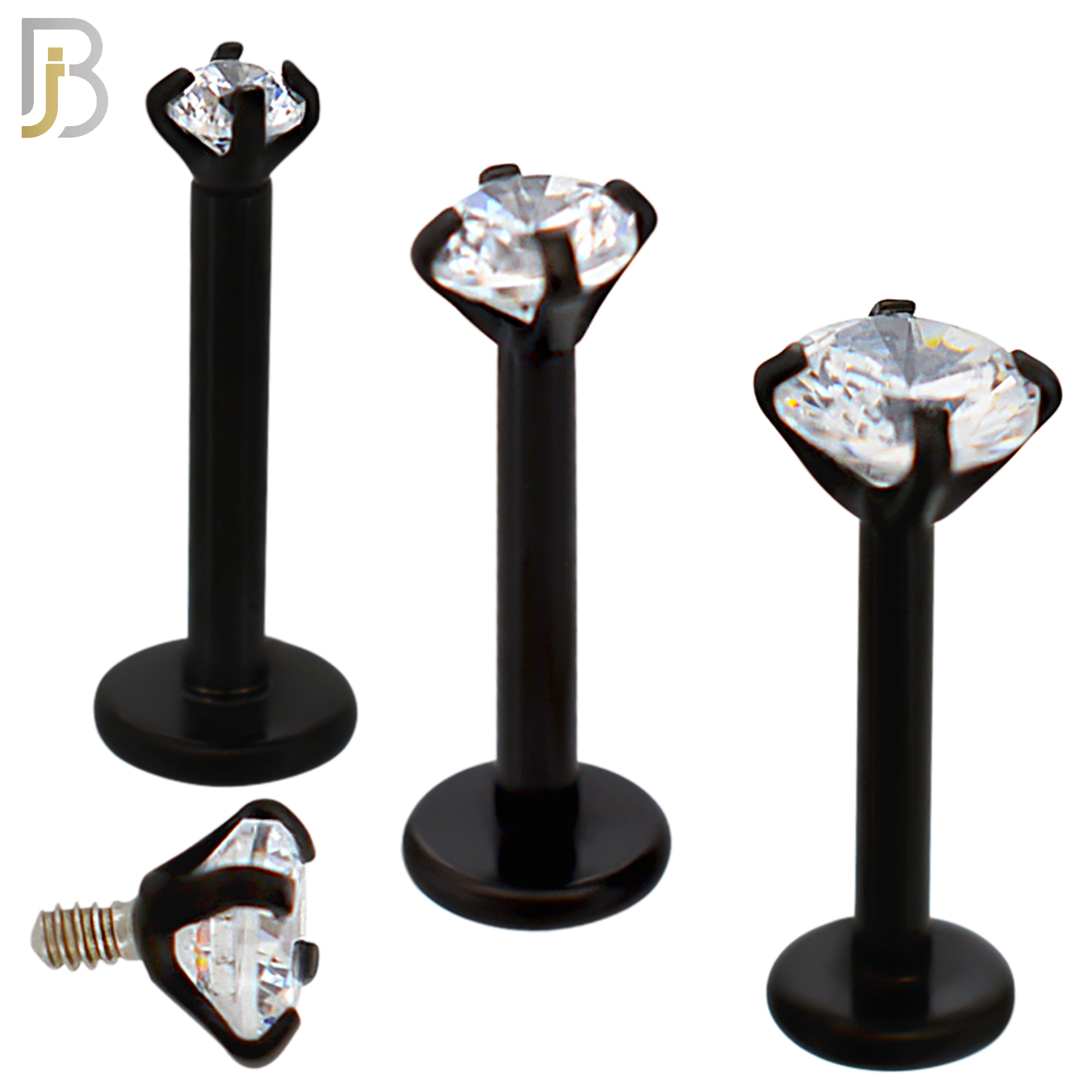LB14KC16 - 16g Thickness 316L Surgical Steel Black Plated Bar Prong Setting  Zircon Internally Threaded Labret (PACK OF 6) image 0