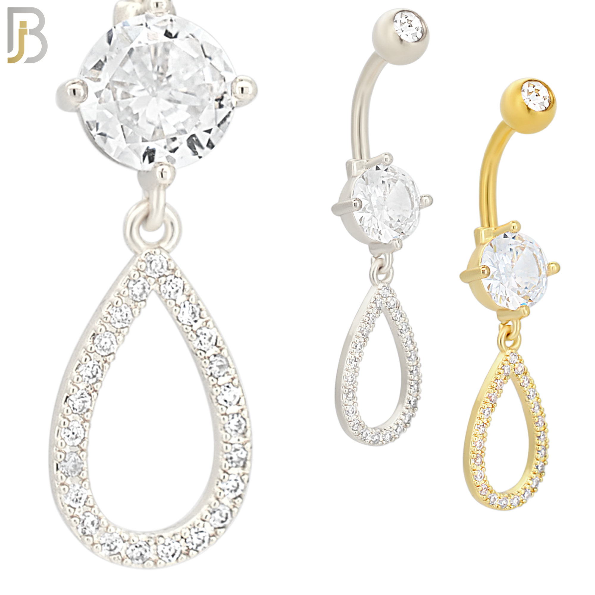 N034 - 316L Stainless Steel Dangling Hollow Teardrop with Zircon Design Belly Ring with 5mm Screw Ball image 0