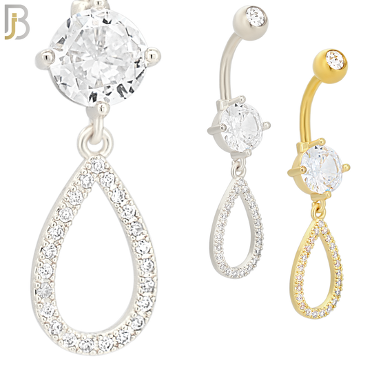 N034 - 316L Stainless Steel Dangling Hollow Teardrop with Zircon Design Belly Ring with 5mm Screw Ball image 0