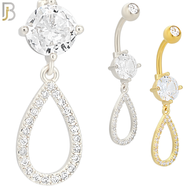 N034 - 316L Stainless Steel Dangling Hollow Teardrop with Zircon Design Belly Ring with 5mm Screw Ball image 0