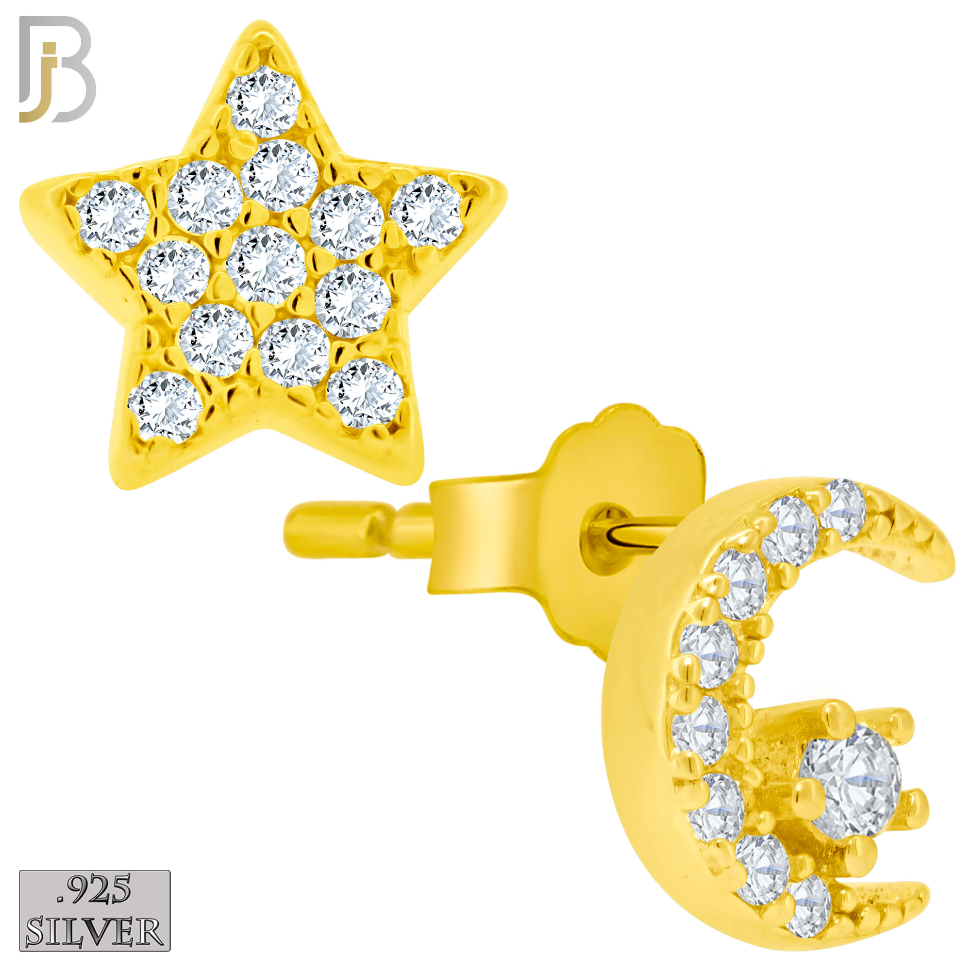 925-ES154 - Push Back - .925 Sterling Silver Crescent Moon and Star  Design with Zircon Design Earring Stud image 2