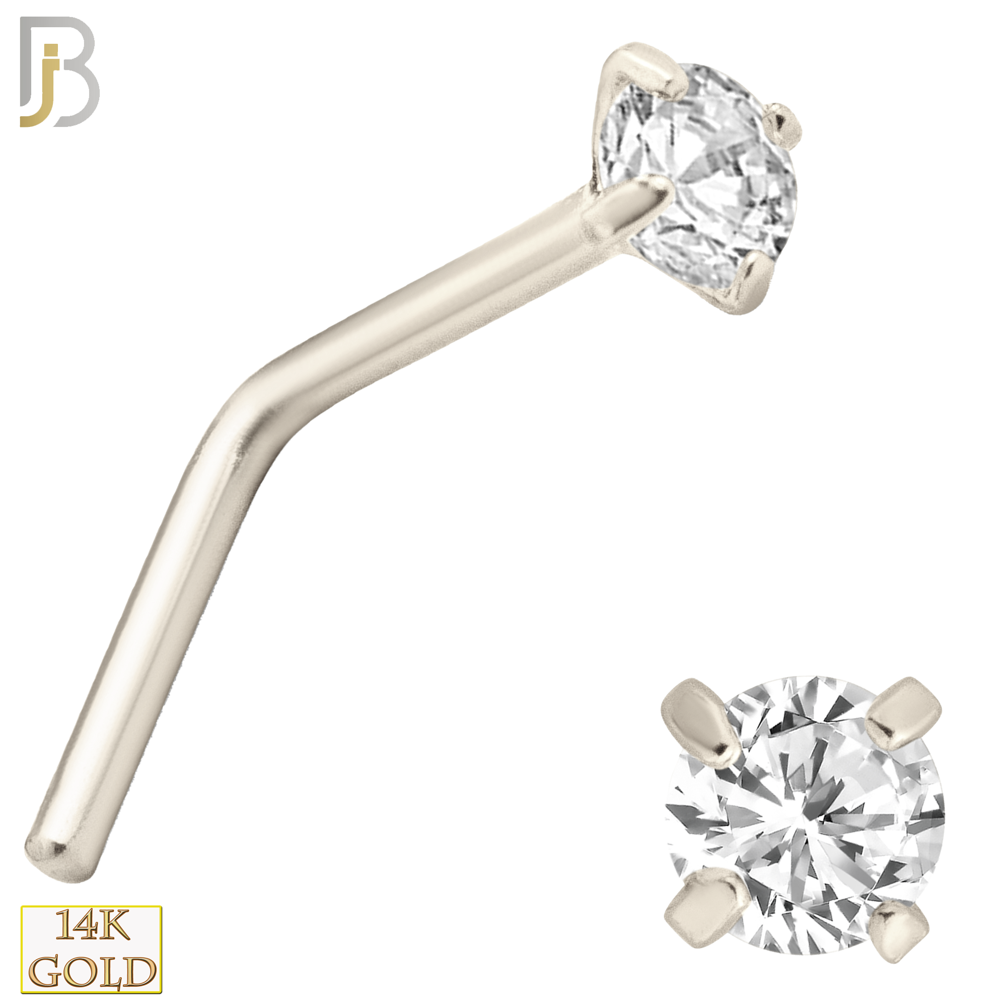 14-NR10DW - 22g Thickness 14k Solid White Gold Prong Setting  Round Si1 Diamond L-Shape - 2mm image