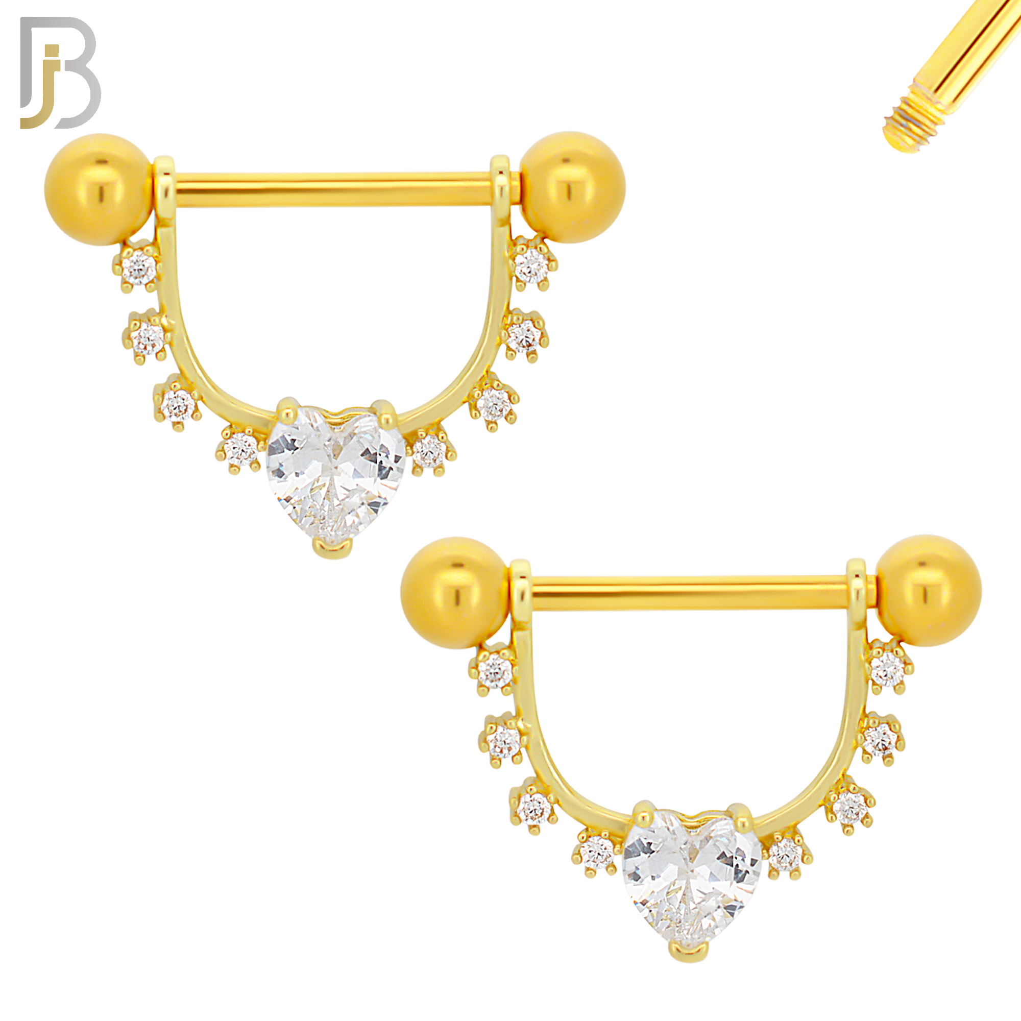 NP64 - 316L Surgical Steel Screw Shield Barbell with Heart Shaped Zircon Design Pair image 2