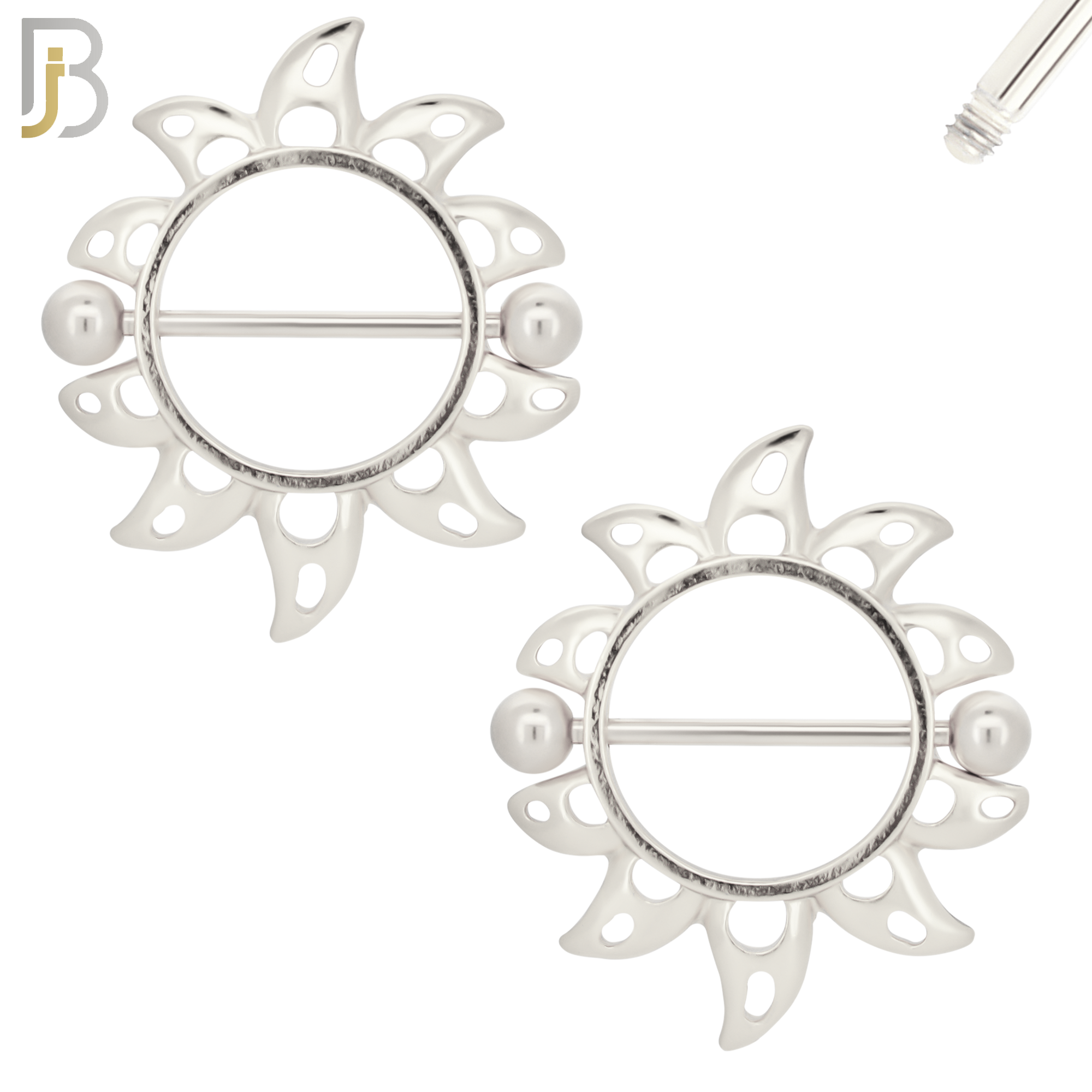 NP38 - 316L Surgical Steel Screw Shield Barbell with Alloy Sun Design Pair image 1