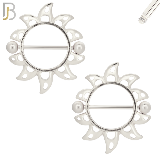 NP38 - 316L Surgical Steel Screw Shield Barbell with Alloy Sun Design Pair image 1