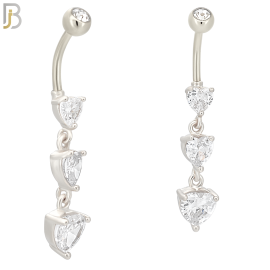 N082  - 316L Stainless Steel Three Heart Shaped CZ Dangling Belly Ring image 1