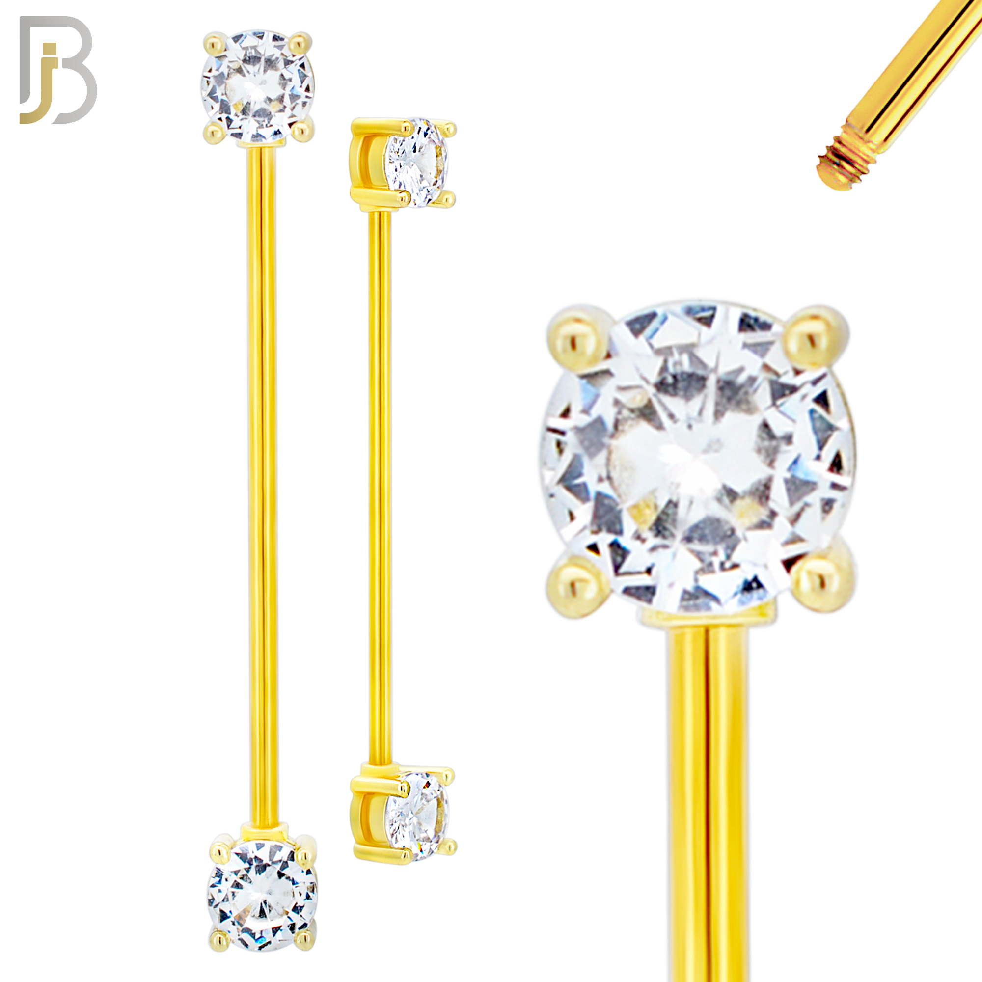 BB37 - 316L Surgical Steel Screw Bar with Brass Round Prong Setting Design Barbell Industrial (PACK OF 4) image 2