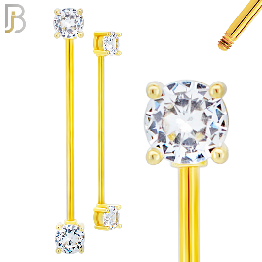 BB37 - 316L Surgical Steel Screw Bar with Brass Round Prong Setting Design Barbell Industrial (PACK OF 4) image 2