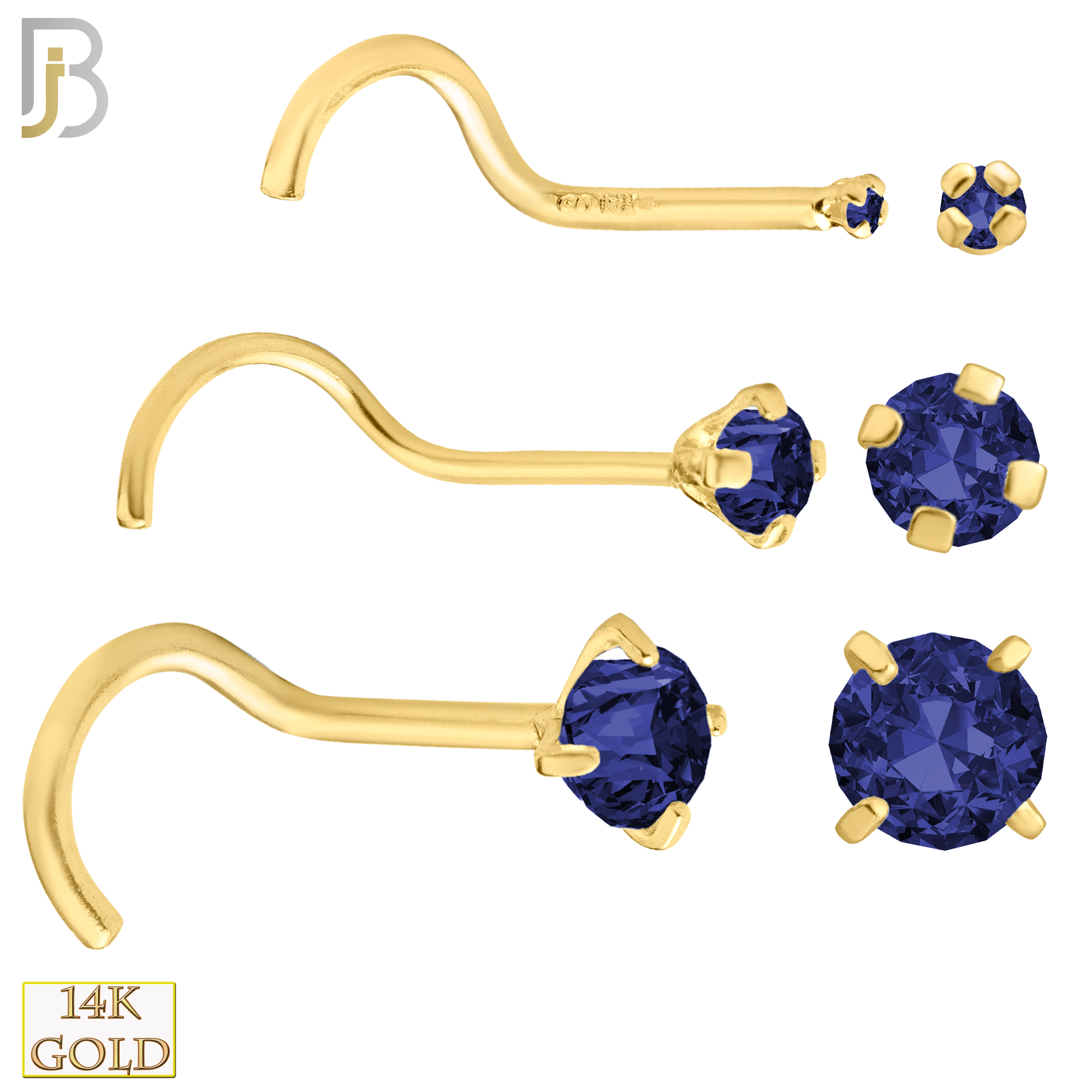 14-NR03CYS - 20g 14k Yellow Gold Nose Screw with Blue Sapphire Colored CZ image 0