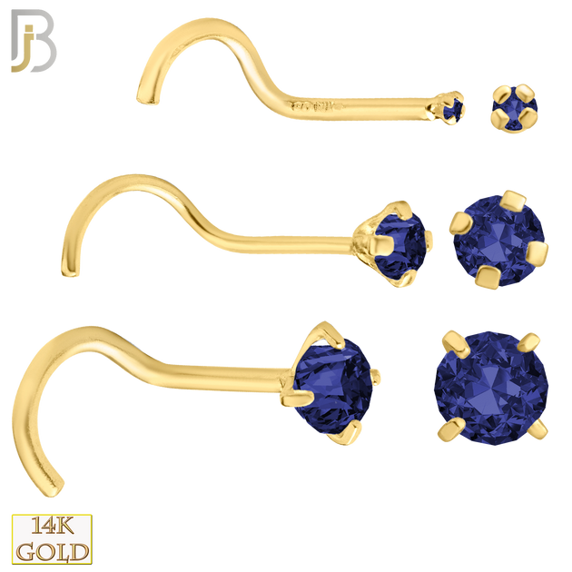 14-NR03CYS - 20g 14k Yellow Gold Nose Screw with Blue Sapphire Colored CZ image 0
