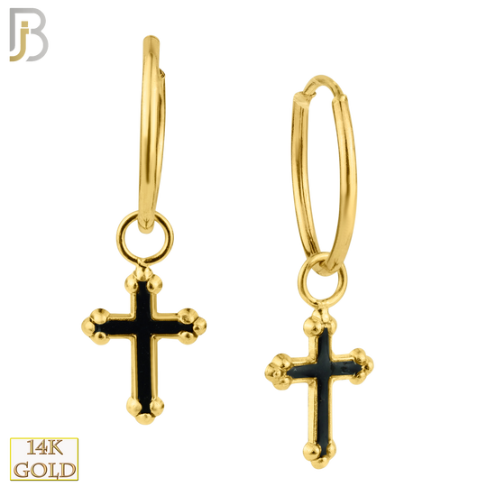 14-ES105 - 14k Solid Gold Dangling Orthodox Cross Hoop Earrings image 0