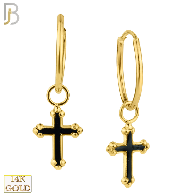 14-ES105 - 14k Solid Gold Dangling Orthodox Cross Hoop Earrings image 0