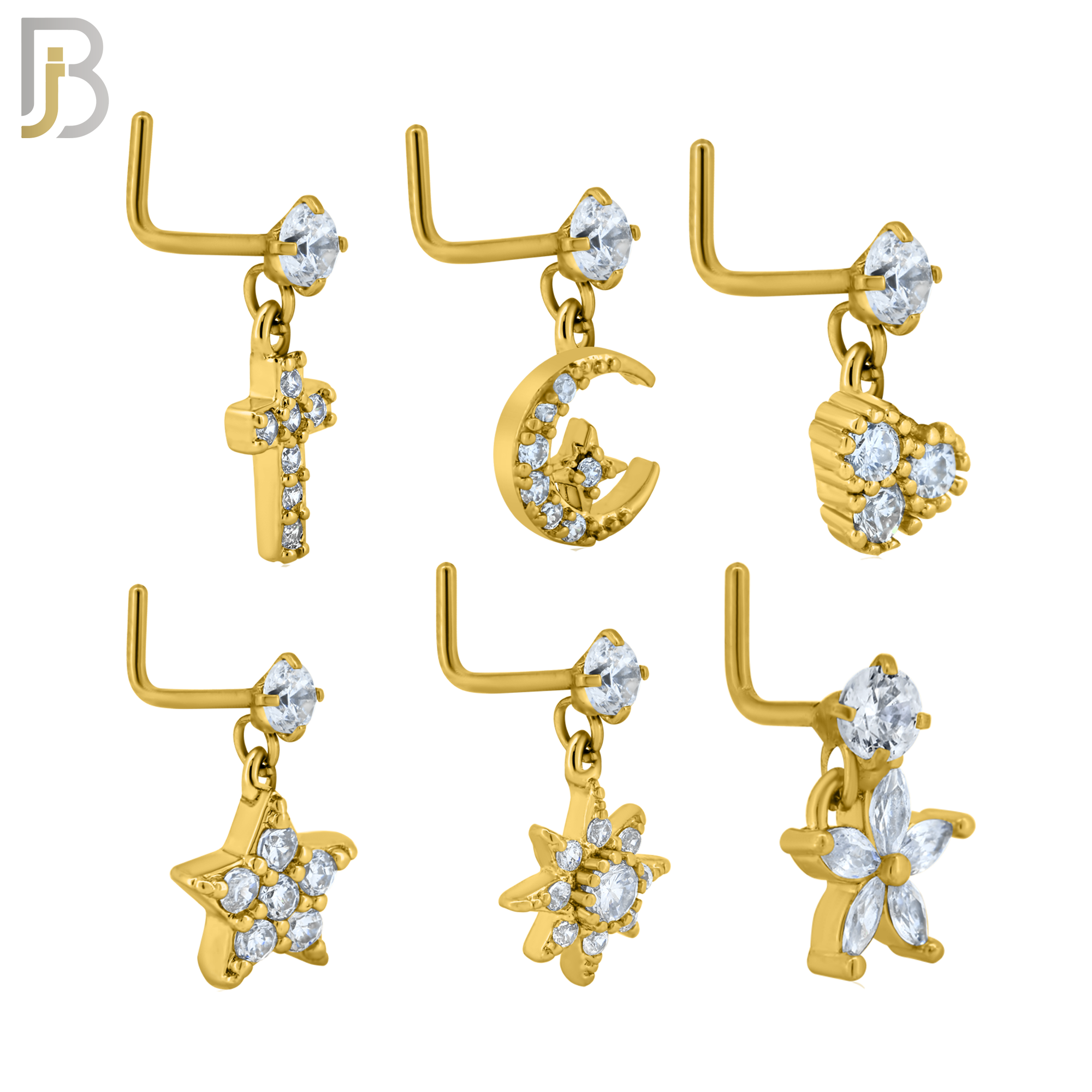 PK-NRMX07L-SG3 - 316 Surgical Steel L-Shape Nose Ring with Six Different Designs - Pack of 60 pcs image 2