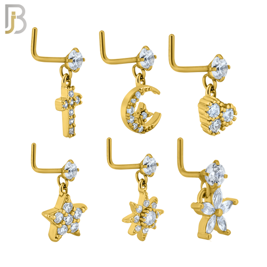 PK-NRMX07L-SG3 - 316 Surgical Steel L-Shape Nose Ring with Six Different Designs - Pack of 60 pcs image 2