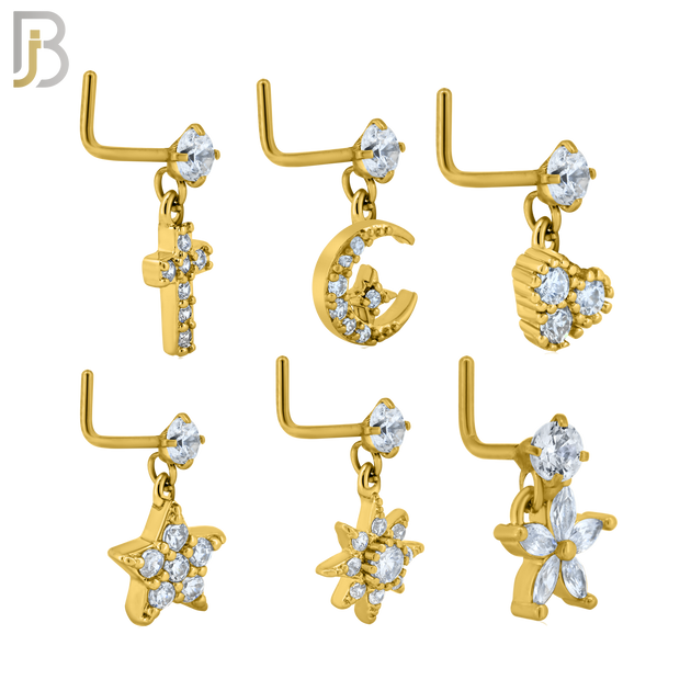 PK-NRMX07L-SG3 - 316 Surgical Steel L-Shape Nose Ring with Six Different Designs - Pack of 60 pcs image 2