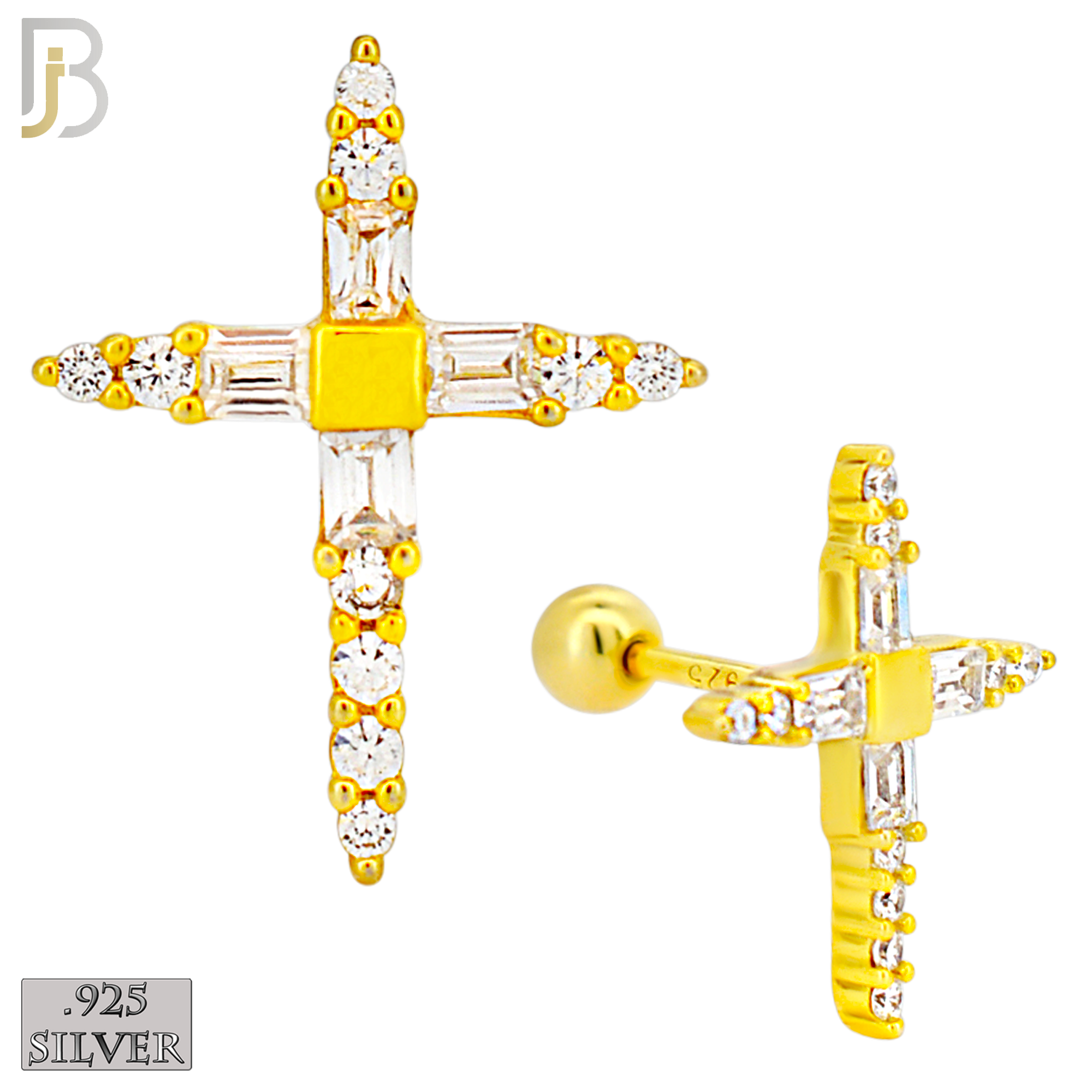 925-ES270-B - .925 Sterling Silver Pointed Cross with Zircon Design Earrings Screw Ball image 2