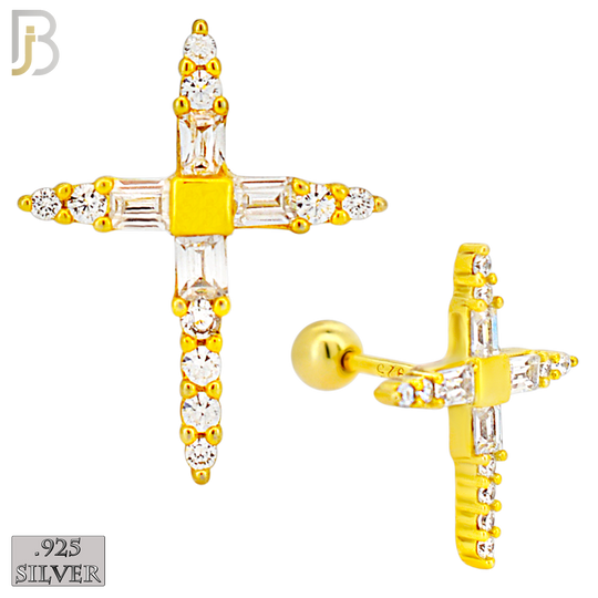 925-ES270-B - .925 Sterling Silver Pointed Cross with Zircon Design Earrings Screw Ball image 2