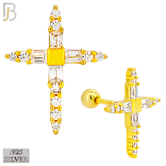 925-ES270-B - .925 Sterling Silver Pointed Cross with Zircon Design Earrings Screw Ball image 2
