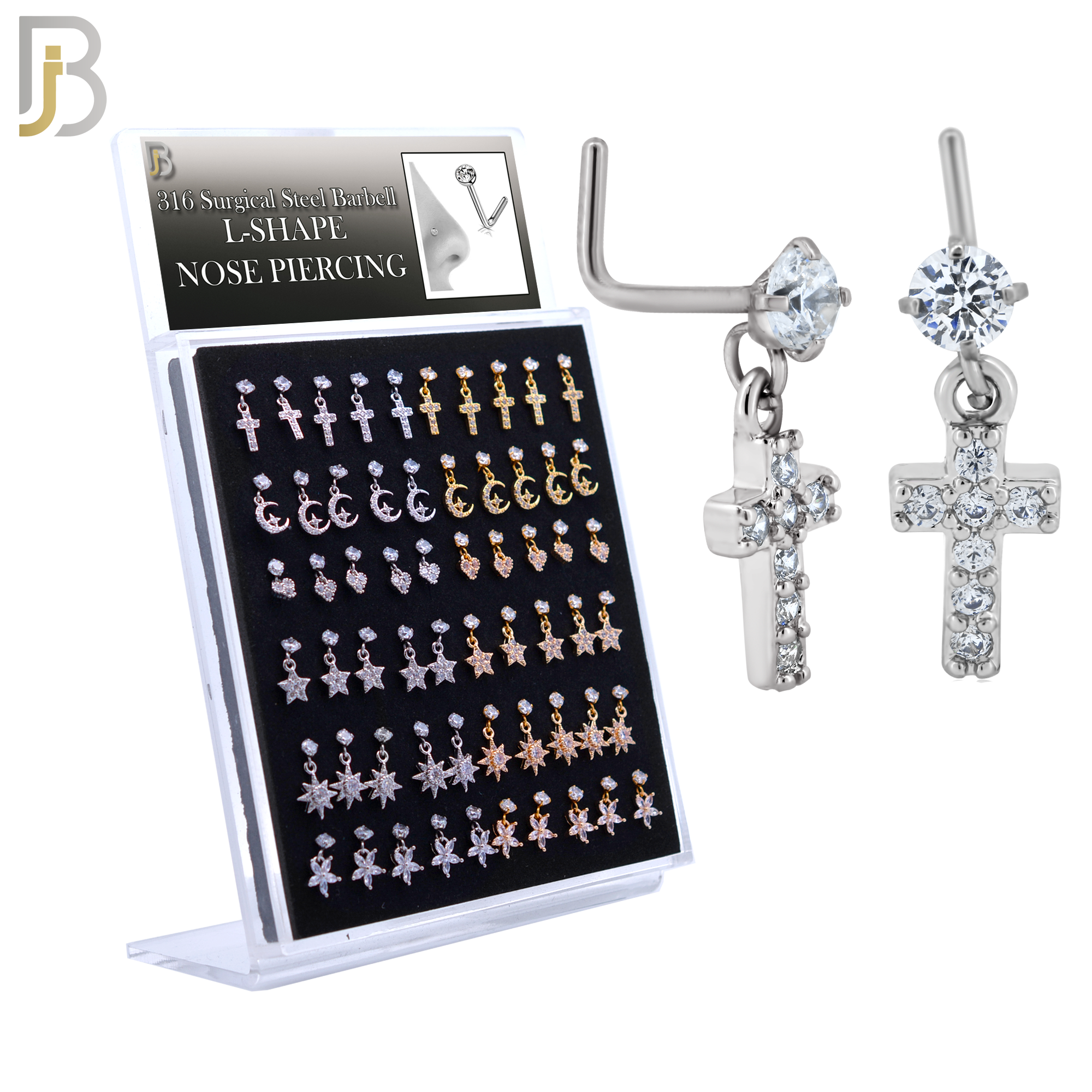 PK-NRMX07L-SG3 - 316 Surgical Steel L-Shape Nose Ring with Six Different Designs - Pack of 60 pcs image 0