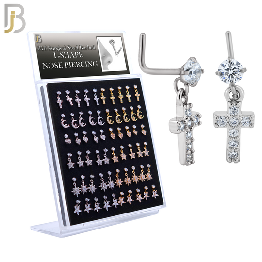 PK-NRMX07L-SG3 - 316 Surgical Steel L-Shape Nose Ring with Six Different Designs - Pack of 60 pcs image 0