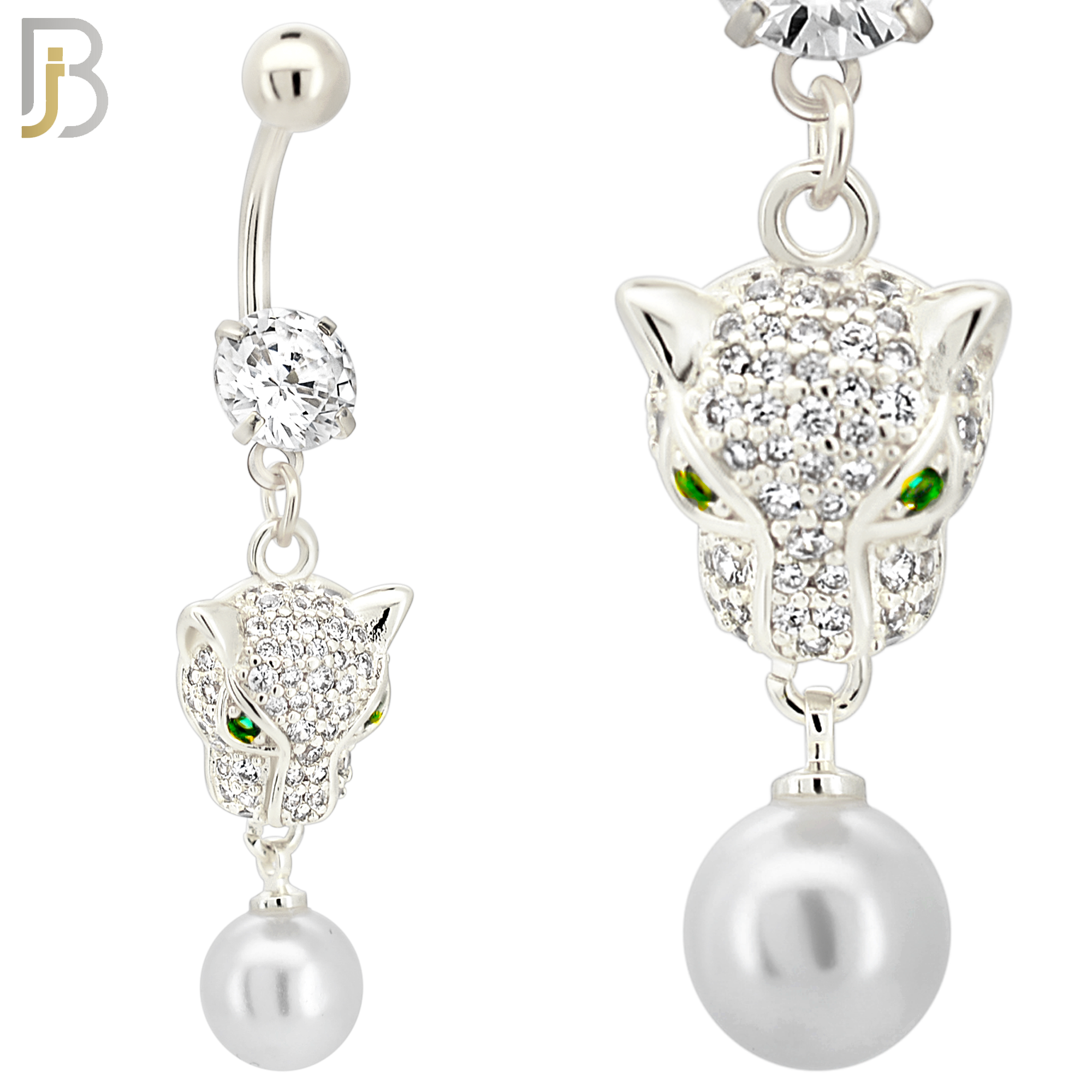 N0141 - 316L Surgical Steel Dangling Green Eyed Tiger Head with Multi CZ and Dangling Pearl Belly Ring image 1