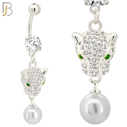 N0141 - 316L Surgical Steel Dangling Green Eyed Tiger Head with Multi CZ and Dangling Pearl Belly Ring image 1