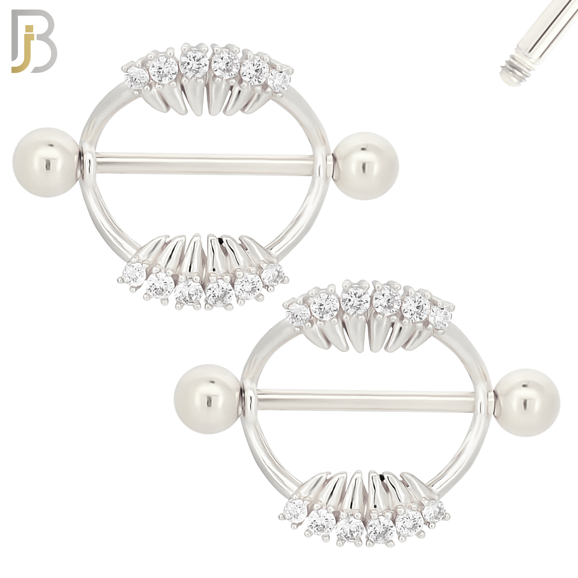 NP33 - 316L Surgical Steel Screw Shield Barbell with Teeth Design Zircon Pair image 1
