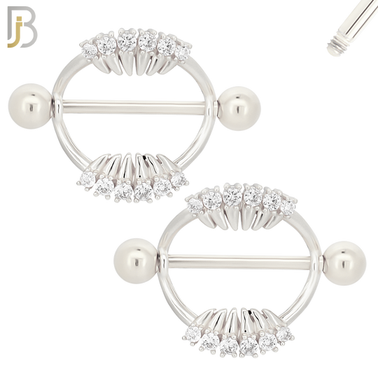 NP33 - 316L Surgical Steel Screw Shield Barbell with Teeth Design Zircon Pair image 1