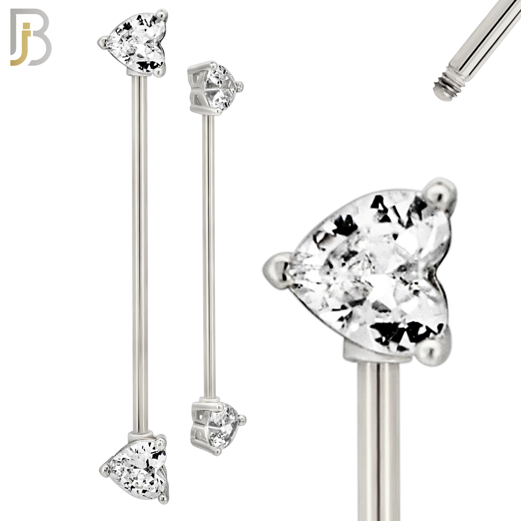 BB48 - 316L Surgical Steel Heart Shaped CZ Externally Threaded Industrial Barbell (PACK OF 4) image 1