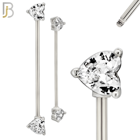 BB48 - 316L Surgical Steel Heart Shaped CZ Externally Threaded Industrial Barbell (PACK OF 4) image 1