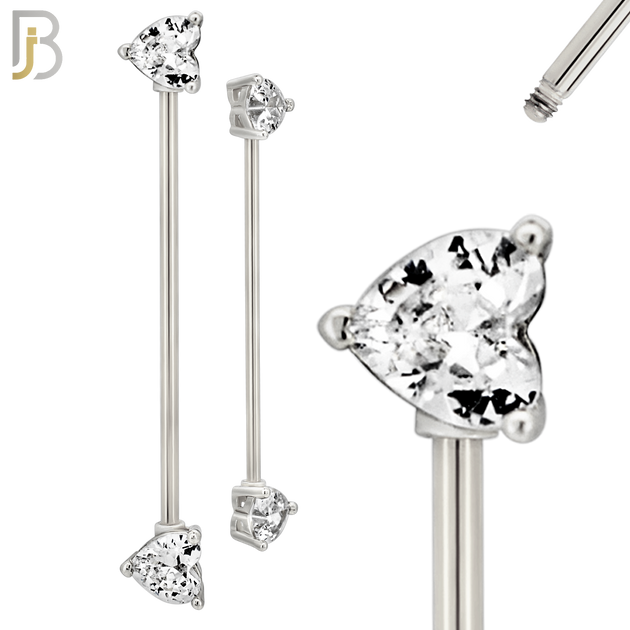 BB48 - 316L Surgical Steel Heart Shaped CZ Externally Threaded Industrial Barbell (PACK OF 4) image 1