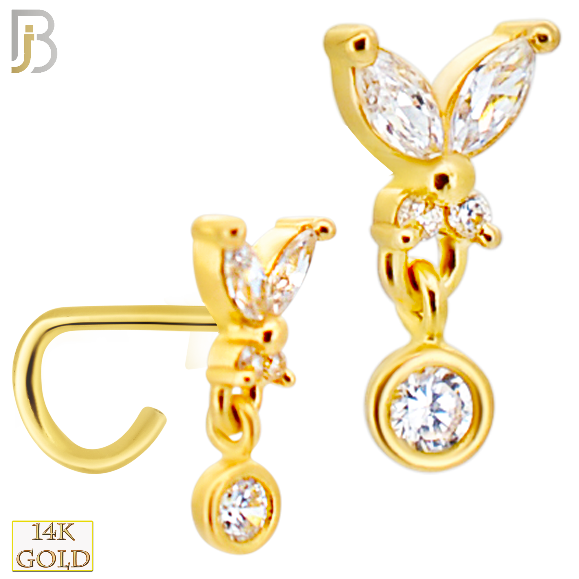 14-NR111C- 14k Yellow Gold Butterfly with Dangling Round CZ in Bezel Setting Nose Screw - Yellow Gold image