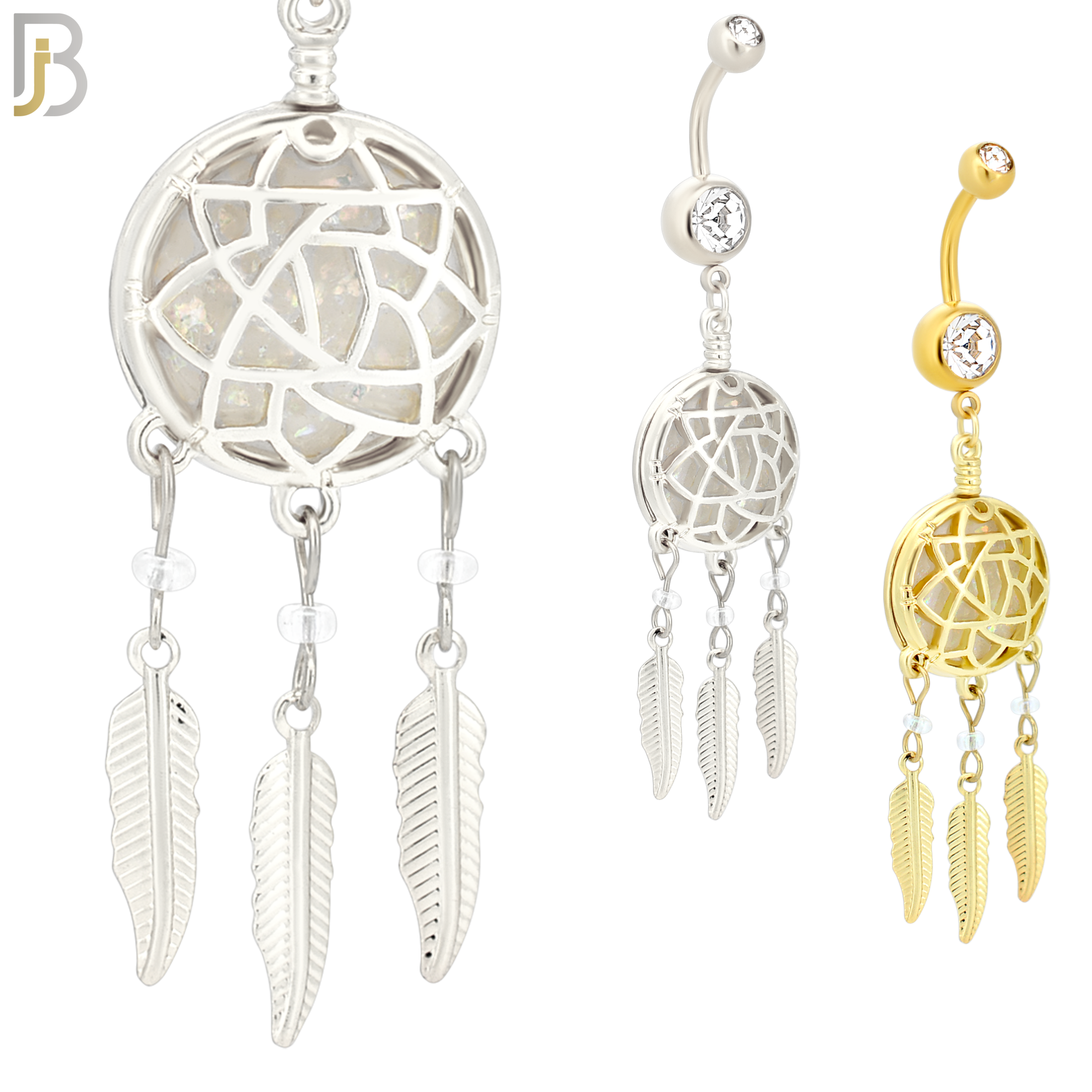N008 - 316L Stainless Steel Dangling Opal Dreamcatcher Design Belly Ring with 4mm Screw Ball image 0