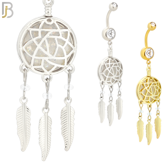 N008 - 316L Stainless Steel Dangling Opal Dreamcatcher Design Belly Ring with 4mm Screw Ball image 0