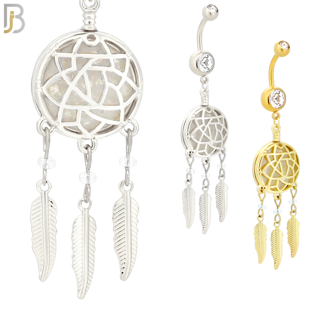 N008 - 316L Stainless Steel Dangling Opal Dreamcatcher Design Belly Ring with 4mm Screw Ball image 0