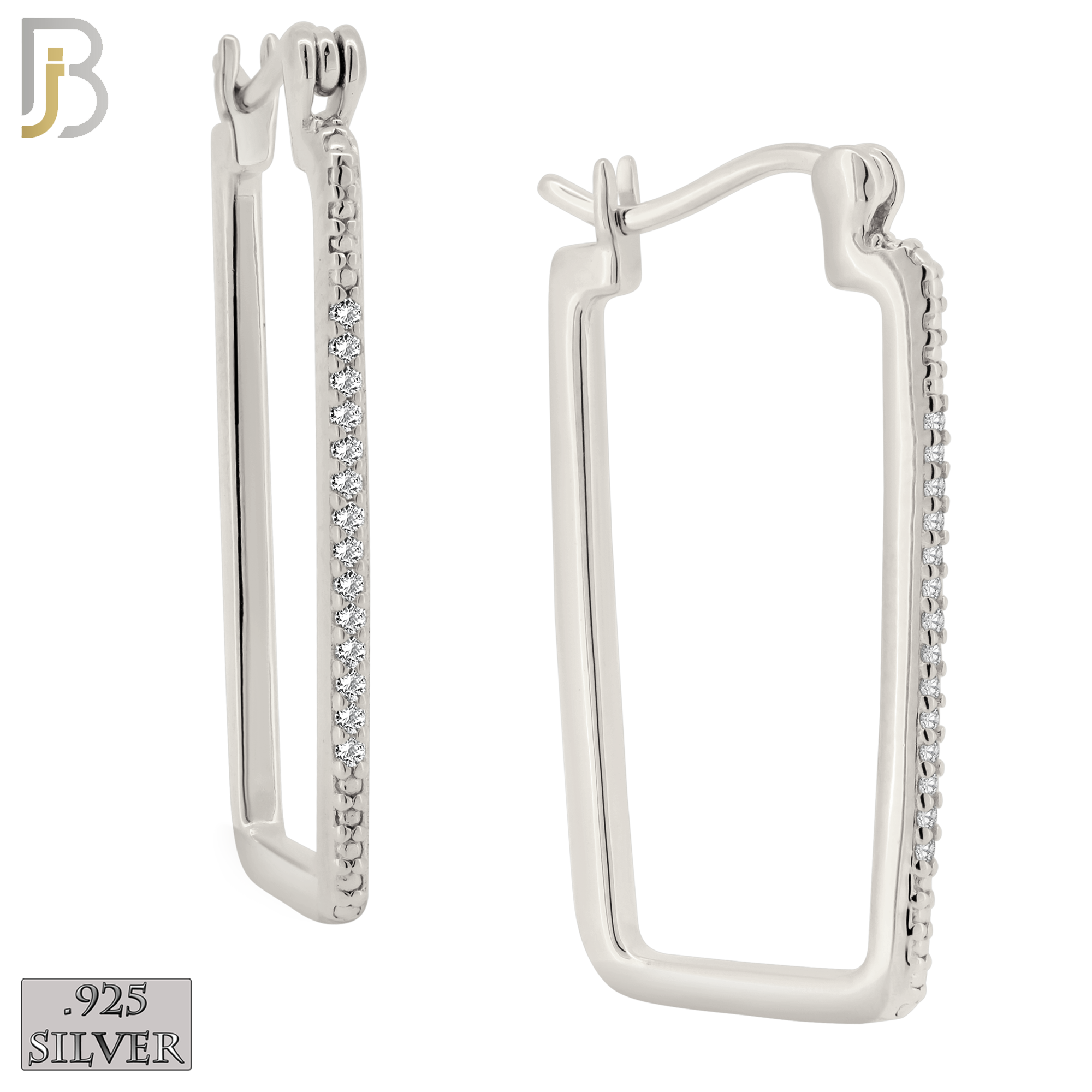 925-ES394 - .925 Sterling Silver CZ Studded Longer Rectangular Hoop Earrings image 0
