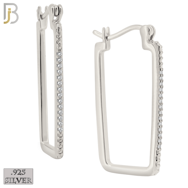 925-ES394 - .925 Sterling Silver CZ Studded Longer Rectangular Hoop Earrings image 0